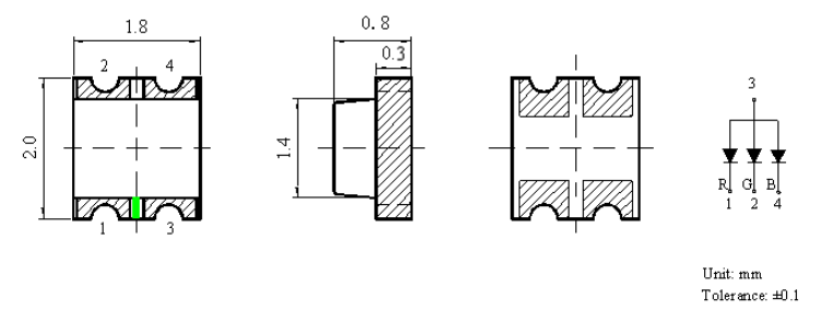 rgb三色 led产品的尺寸2.0*1.2*0.8MM